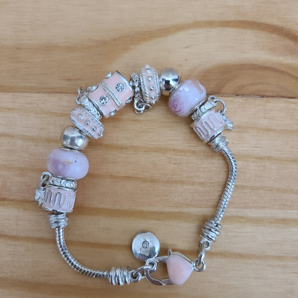 Pink and Silver Charm Bracelet, multiple charms